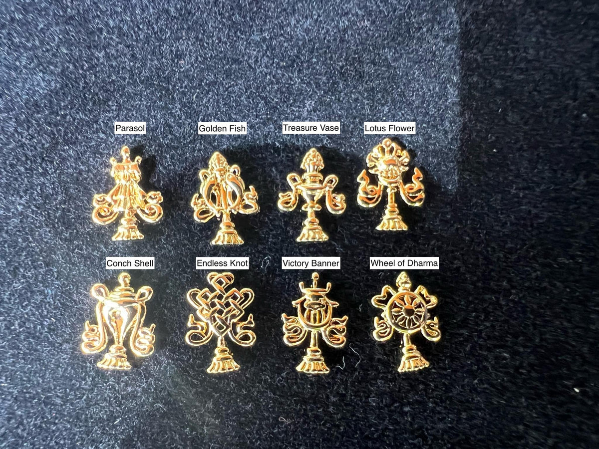 Tiny Eight Auspicious Symbols | 18K Gold Gilt over 925 Silver | Sold as set of 8 or individual | Approx. 1/2 inches high | Mandala Offering - The Incense Stick