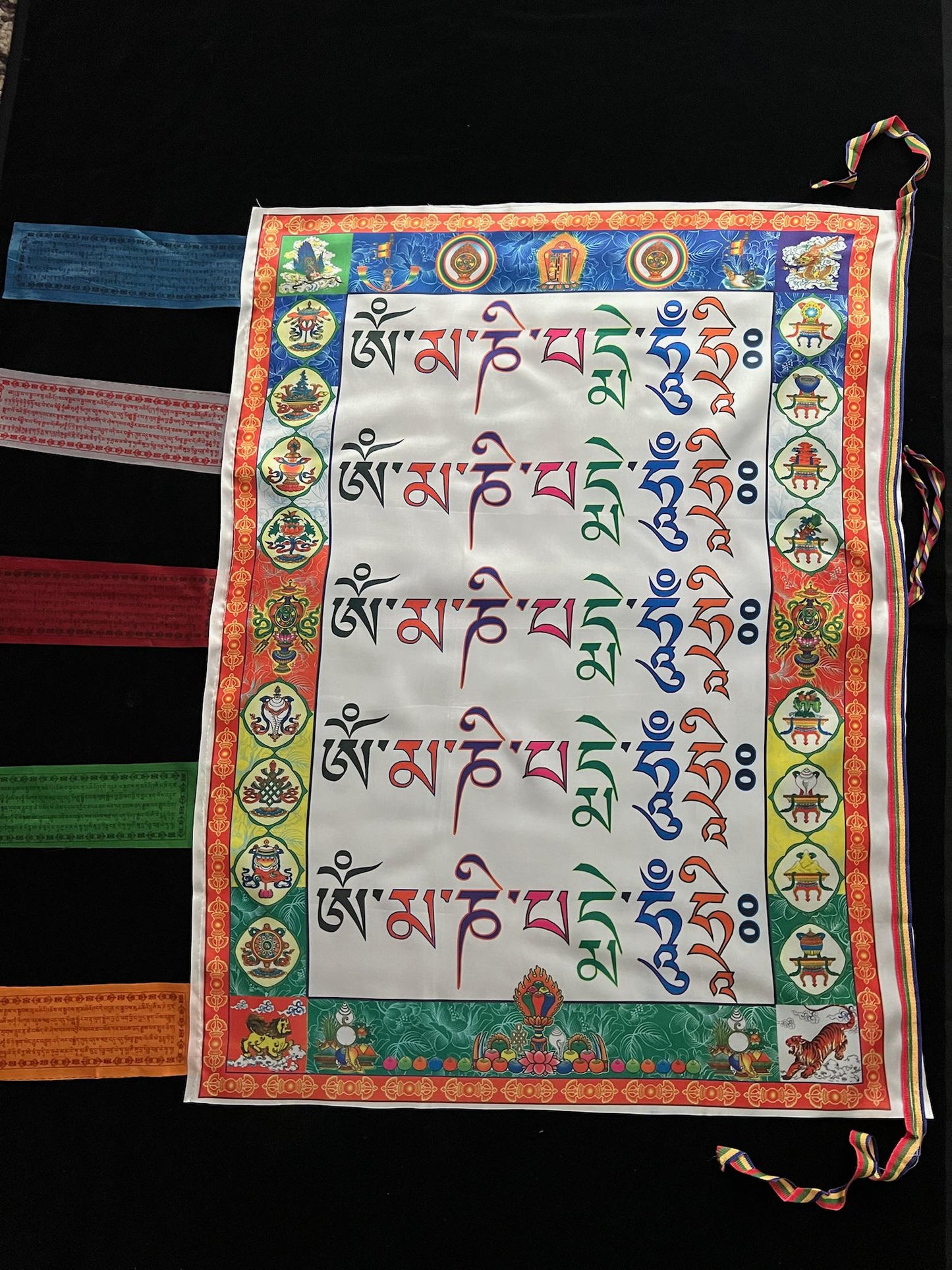 Huge Om Mani Padme Hung Hri Prayer Flag Banner |Tibetan Prayer Flags | 27in x 36in | 1 single flag | Poly Silk | vertical flag or wall - The Incense Stick