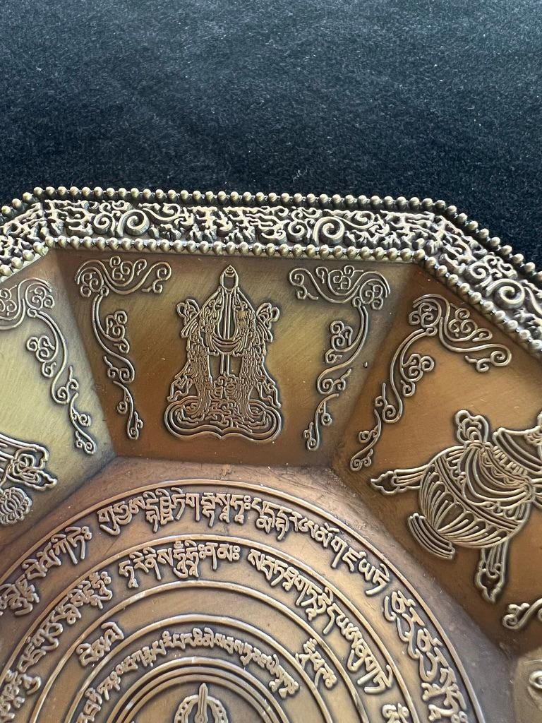 Brass Sang Offering Plate | With Engraved Takdröl and Eight Auspicious Symbols | Incense Burner | Approx. 6 1/2 inch Diameter - The Incense Stick