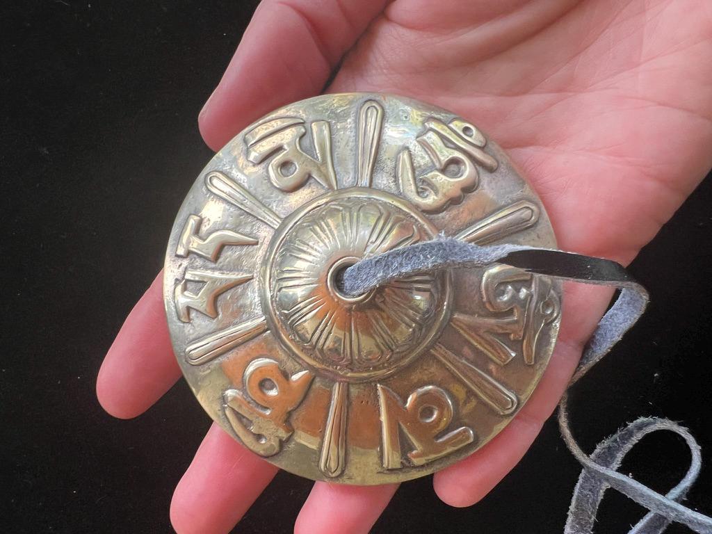 Tibetan Tingsha with Cover | Approx 3in diameter | Nepal | Assorted Cover Colors | Om Mani Padme Hung - The Incense Stick