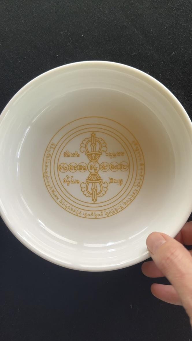 Ceramic Sang Offering Bowl | White with Gold Metallic Takdröl| Incense Burner | 6 inch Diameter - The Incense Stick