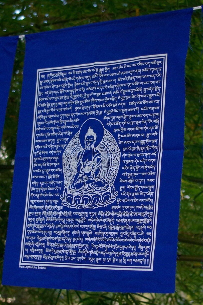 Medicine Buddha | Tibetan Prayer Flags | 14 x 17 | Strand of 5 flags | Nepal | Highest Quality | All Blue - The Incense Stick