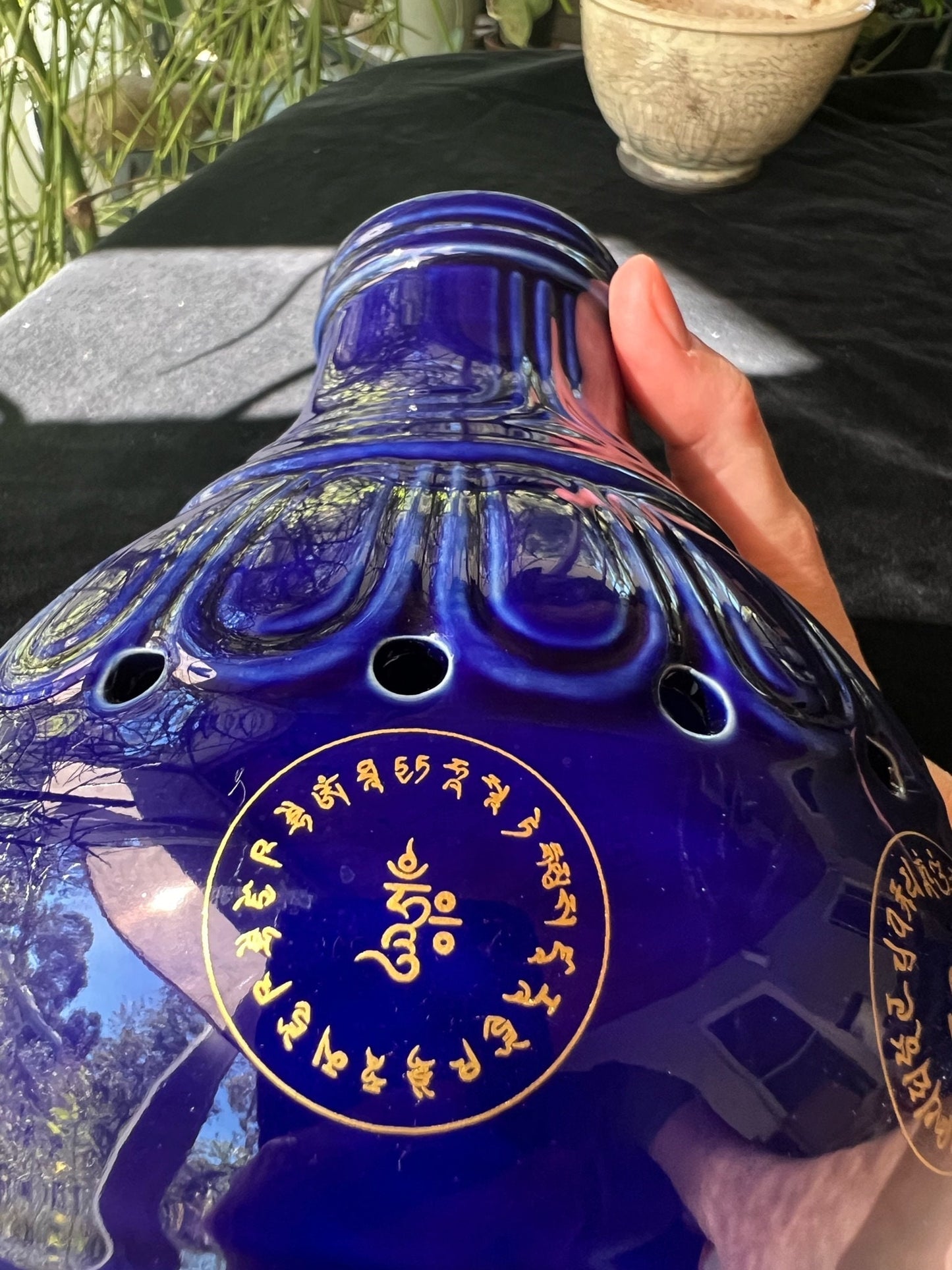 Grand Sang Offering Chimney | Blue with Gold Imprint | Smoke Offering Incense Burner | 11.5 in high by 6.69 in wide | Tibet
