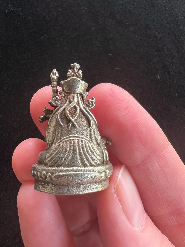 Small Statue Trio | Buddha Shakyamuni | Guru Padmasambhava | Green Tara | White Brass | Approx. 1.25in High