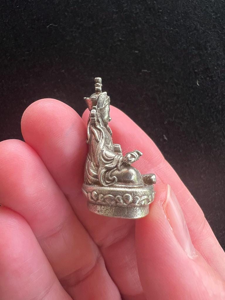 Small Statue Trio | Buddha Shakyamuni | Guru Padmasambhava | Green Tara | White Brass | Approx. 1.25in High