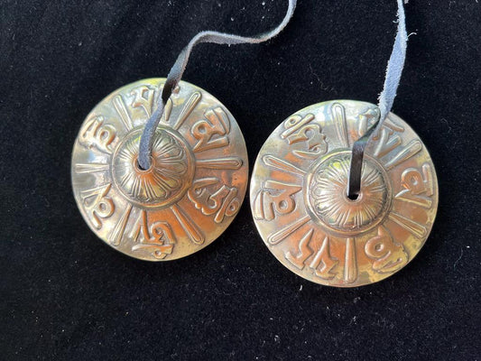 Tibetan Tingsha with Cover | Approx 3in diameter | Nepal | Assorted Cover Colors | Om Mani Padme Hung - The Incense Stick
