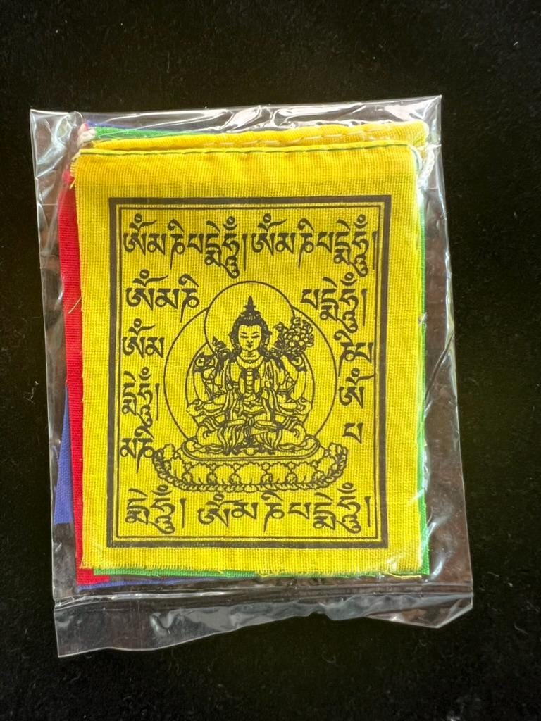 Tiny Chenrezig Tibetan Prayer Flags | 2.7in x 3.3in | 1 set of 10 flags | Nepal | Om Mani Padme Hung - The Incense Stick