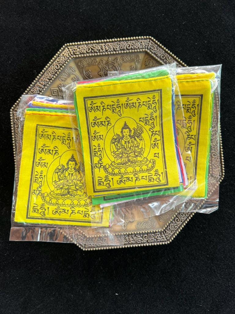Tiny Chenrezig Tibetan Prayer Flags | 2.7in x 3.3in | 1 set of 10 flags | Nepal | Om Mani Padme Hung - The Incense Stick