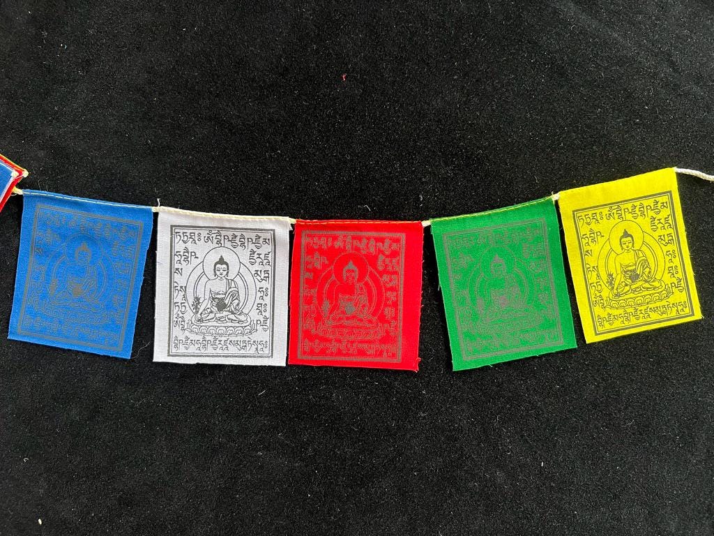 Tiny Medicine Buddha Tibetan Prayer Flags | 2.7in x 3.3in | 1 set of 10 flags | Nepal | - The Incense Stick