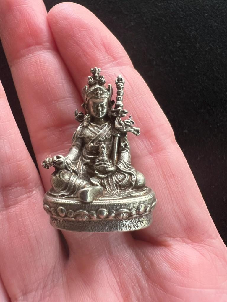 Small Statue Trio | Buddha Shakyamuni | Guru Padmasambhava | Green Tara | White Brass | Approx. 1.25in High