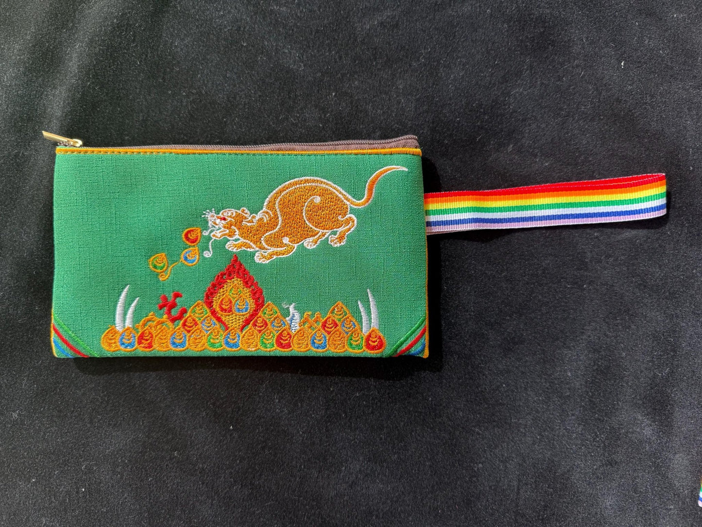 Jewel Spitting Mongoose Embroidered Pouch | Zippered | Approx 4in x 7.5in | Tibet | Nehulay | 1 pouch burgundy or green - The Incense Stick