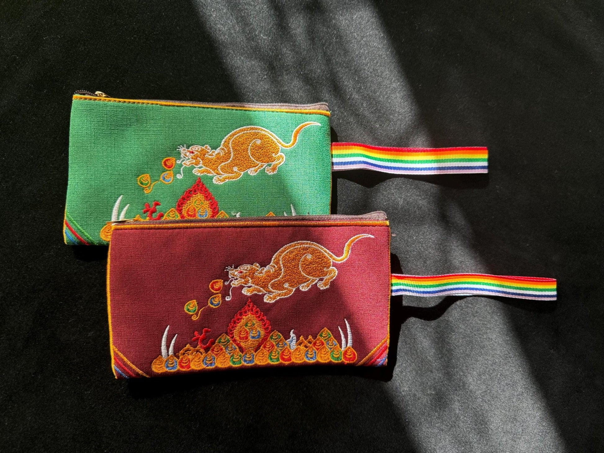 Jewel Spitting Mongoose Embroidered Pouch | Zippered | Approx 4in x 7.5in | Tibet | Nehulay | 1 pouch burgundy or green - The Incense Stick