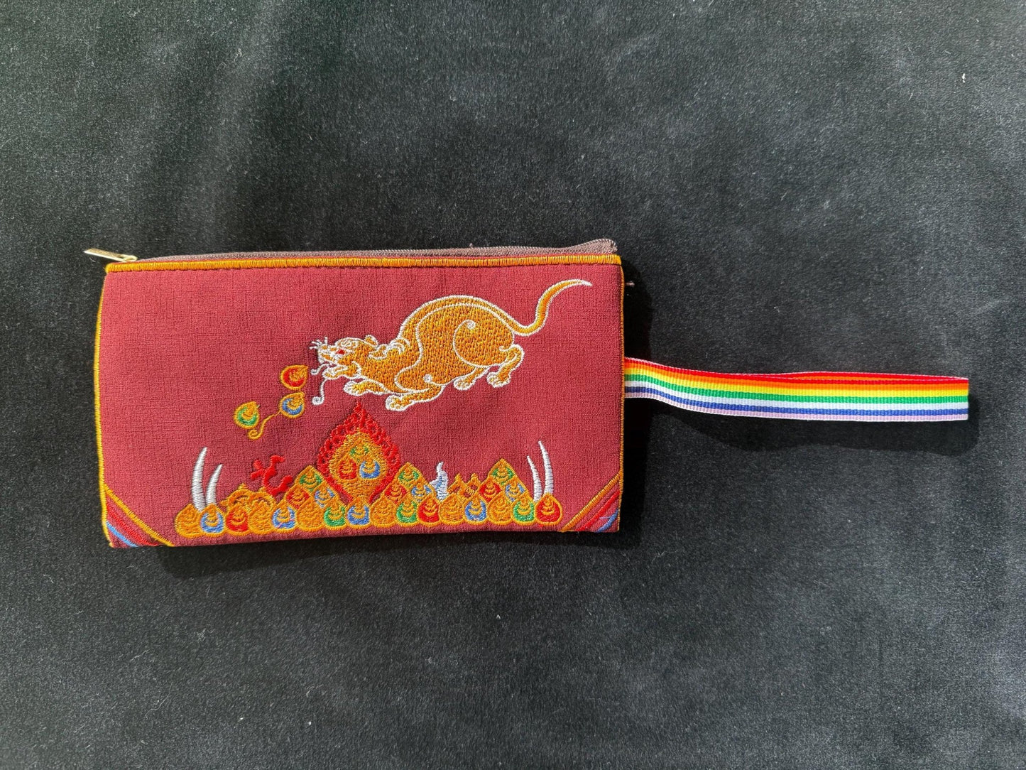 Jewel Spitting Mongoose Embroidered Pouch | Zippered | Approx 4in x 7.5in | Tibet | Nehulay | 1 pouch burgundy or green - The Incense Stick