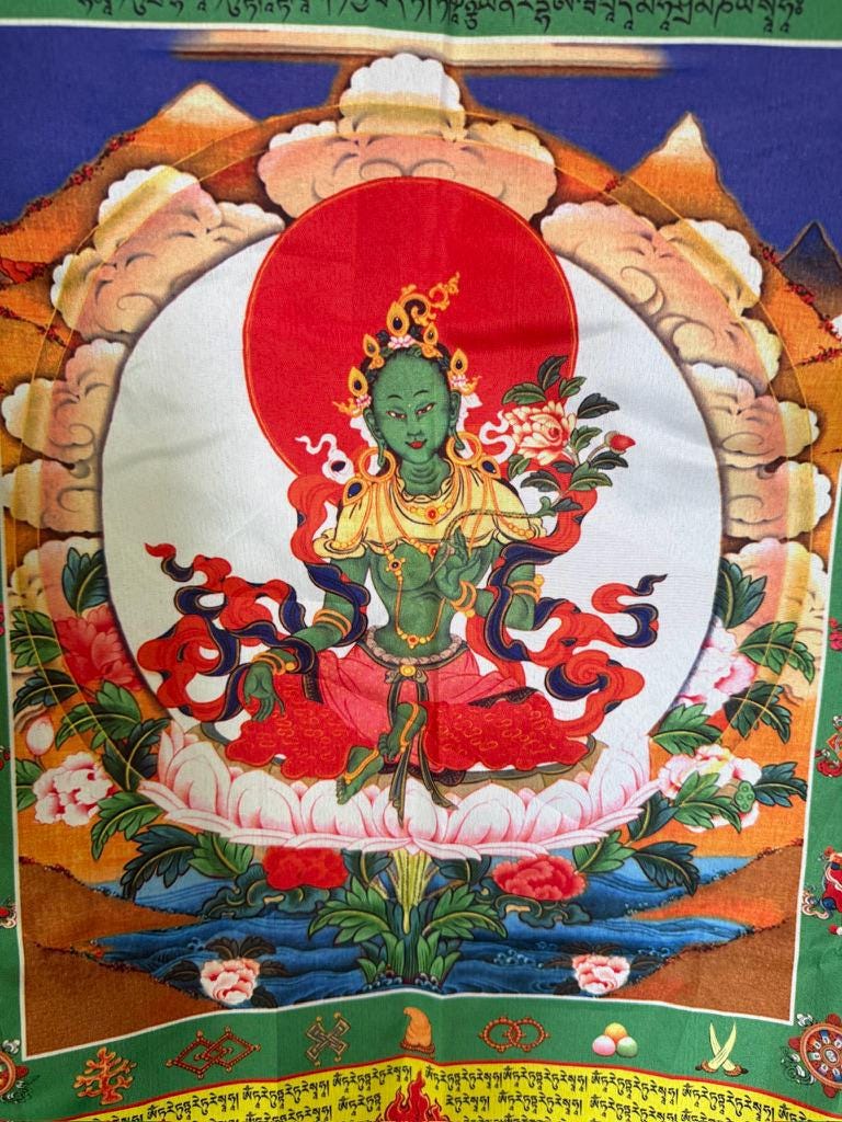 Huge Green Tara DOUBLE Panel Prayer Flag Banner | 28in x 50 1/2in | 1 single flag | Poly Silk | vertical flag or wall - The Incense Stick