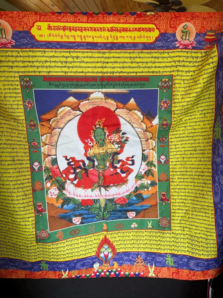 Huge Green Tara DOUBLE Panel Prayer Flag Banner | 28in x 50 1/2in | 1 single flag | Poly Silk | vertical flag or wall - The Incense Stick