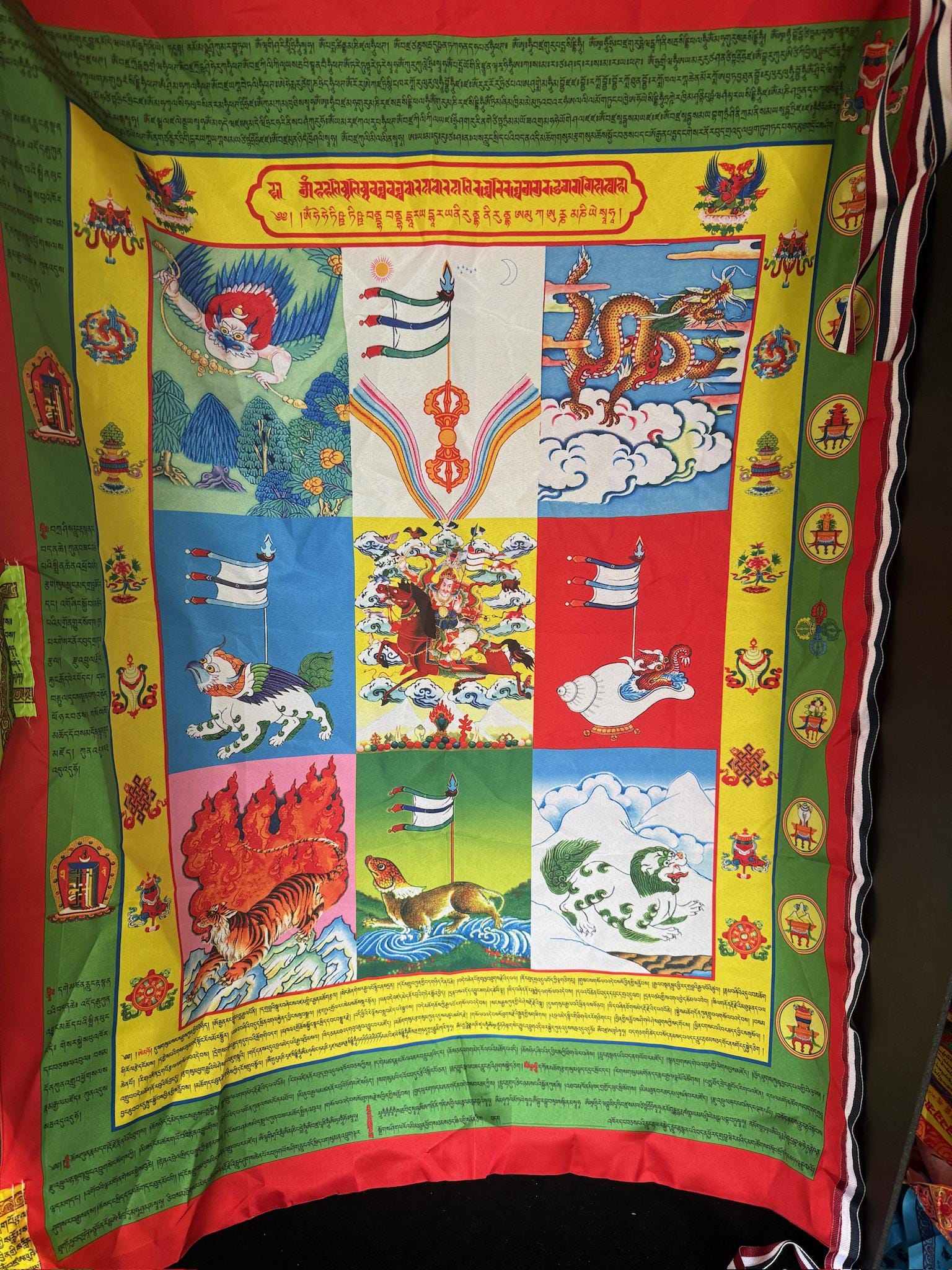 Huge Gesar DOUBLE Prayer Flag Banner | 28in x 72in | 1 single flag | Poly Silk | vertical flag or wall - The Incense Stick