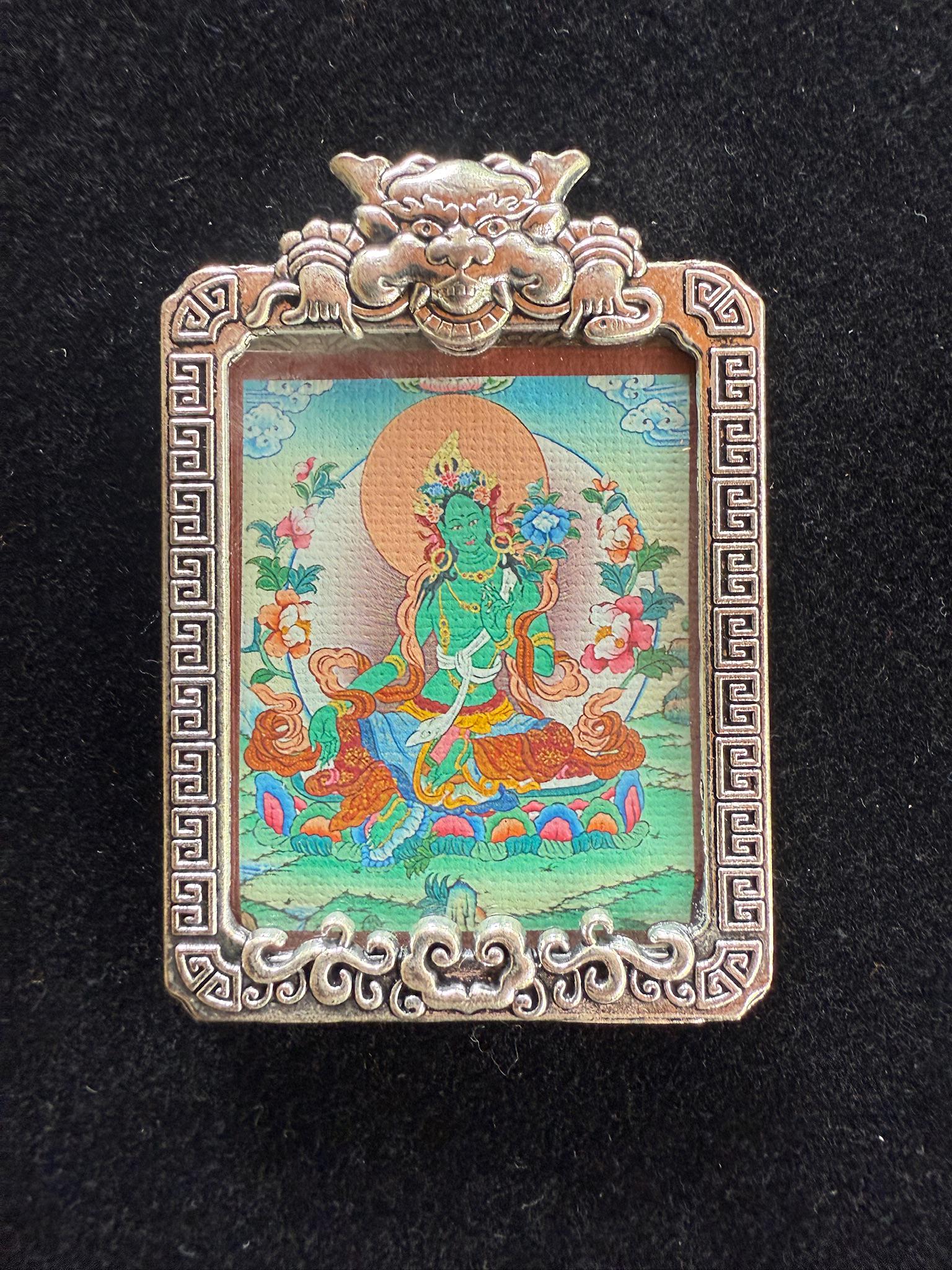 Tiny Thangka Green Tara Locket Pendant | Approx 1.5 in by 2 in | Nepal | Gau - The Incense Stick