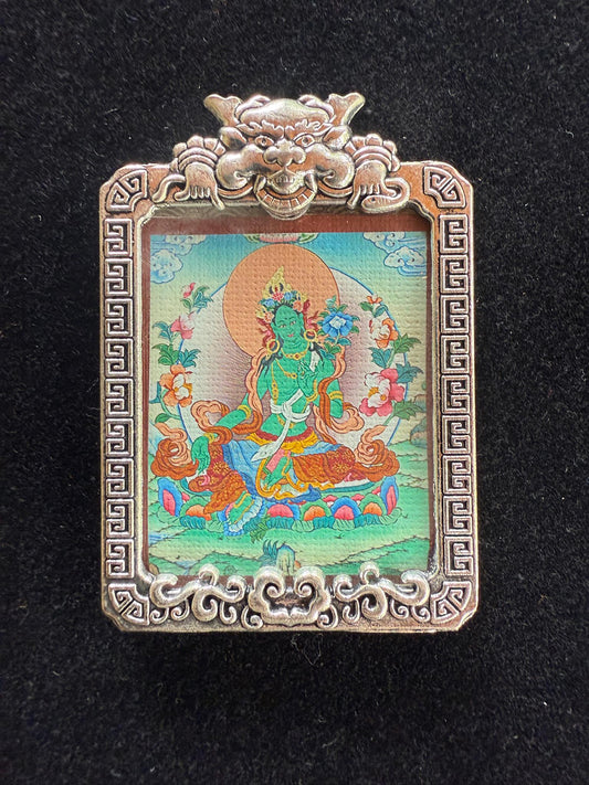 Tiny Thangka Green Tara Locket Pendant | Approx 1.5 in by 2 in | Nepal | Gau - The Incense Stick