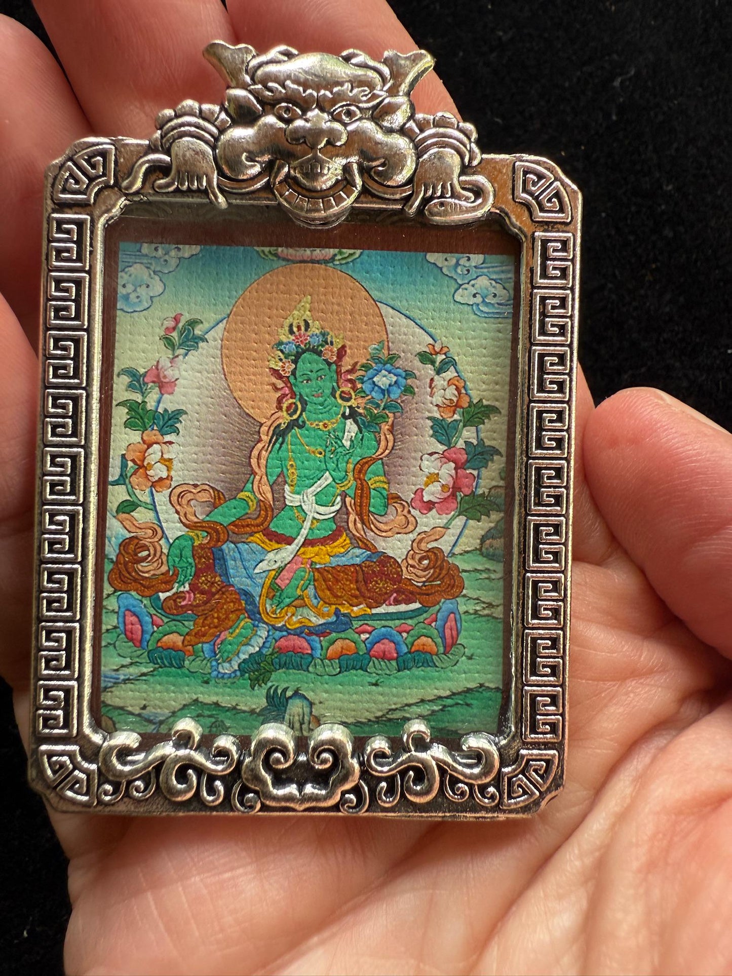 Tiny Thangka Green Tara Locket Pendant | Approx 1.5 in by 2 in | Nepal | Gau - The Incense Stick