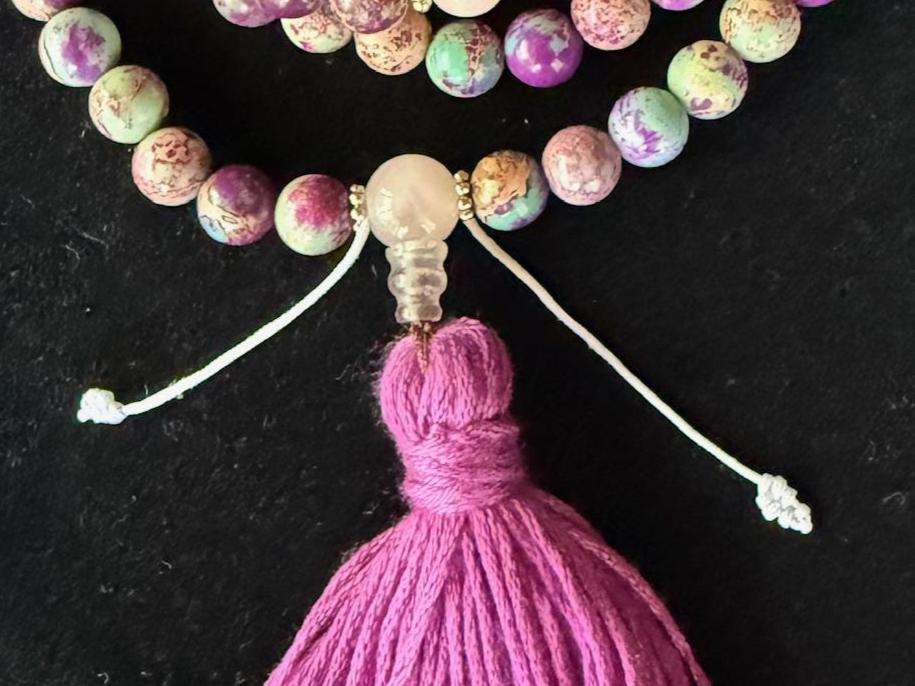 Imperial Sea Jasper Mala | 108 Dyed Imperial Jasper, 3 Rose Quartz Crystal, Tassel | 8mm | Free storage pouch | Handmade | Adjustable