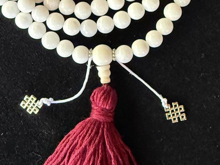 White Jade Mala | 108 Jade beads, 3 Garnet beads, Tassel | 8mm | Free mala bag | Handmade | Adjustable - The Incense Stick