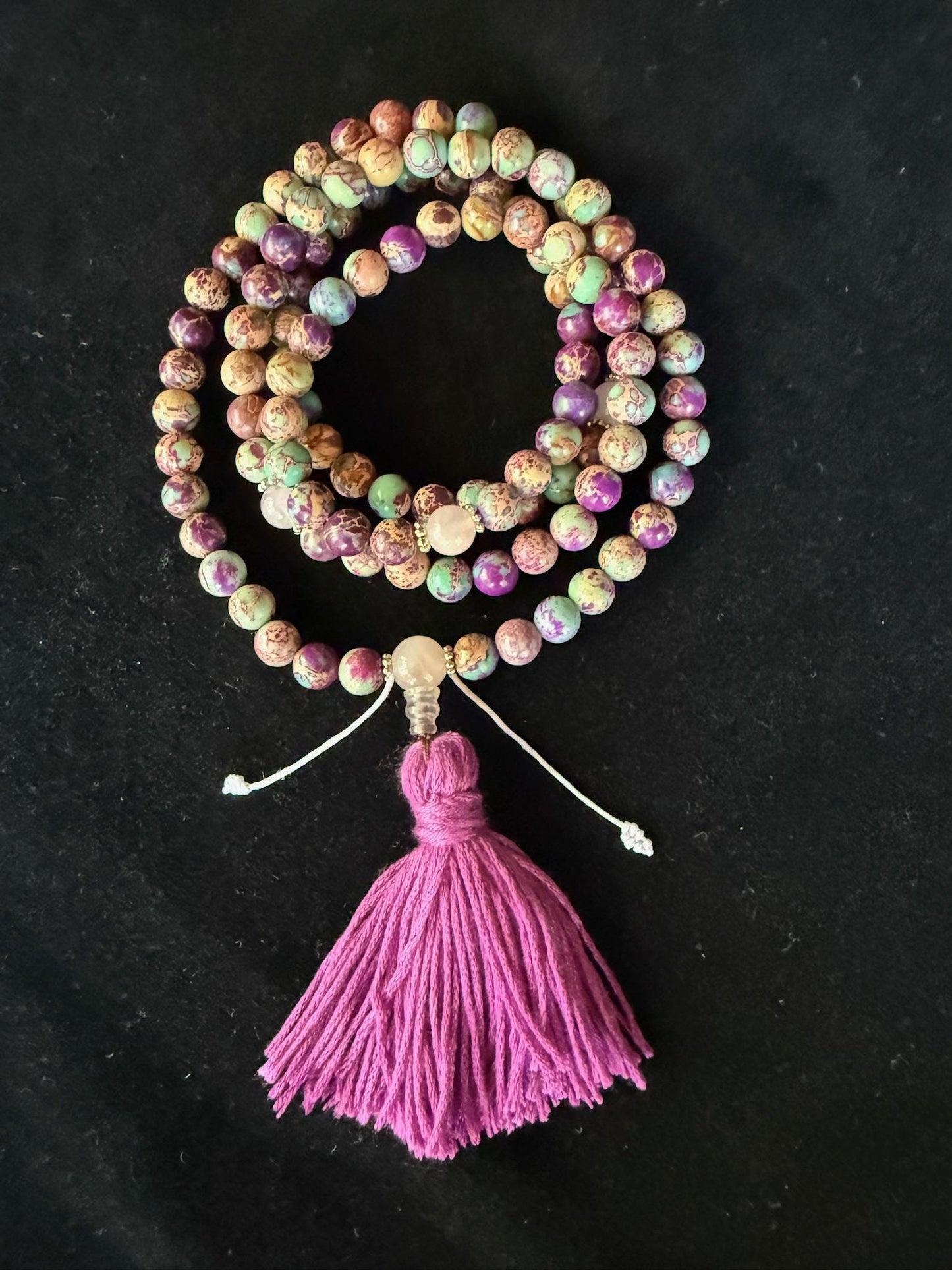 Imperial Sea Jasper Mala | 108 Dyed Imperial Jasper, 3 Rose Quartz Crystal, Tassel | 8mm | Free storage pouch | Handmade | Adjustable