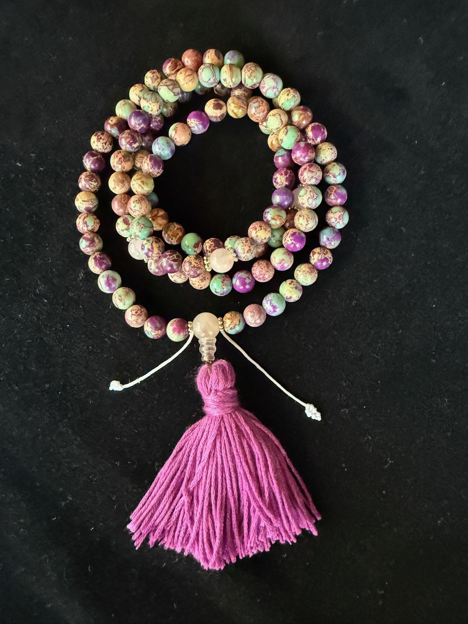 Imperial Sea Jasper Mala | 108 Dyed Imperial Jasper, 3 Rose Quartz Crystal, Tassel | 8mm | Free storage pouch | Handmade | Adjustable