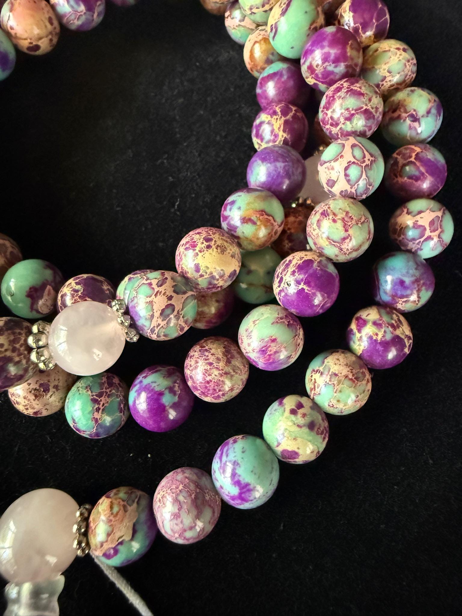 Imperial Sea Jasper Mala | 108 Dyed Imperial Jasper, 3 Rose Quartz Crystal, Tassel | 8mm | Free storage pouch | Handmade | Adjustable
