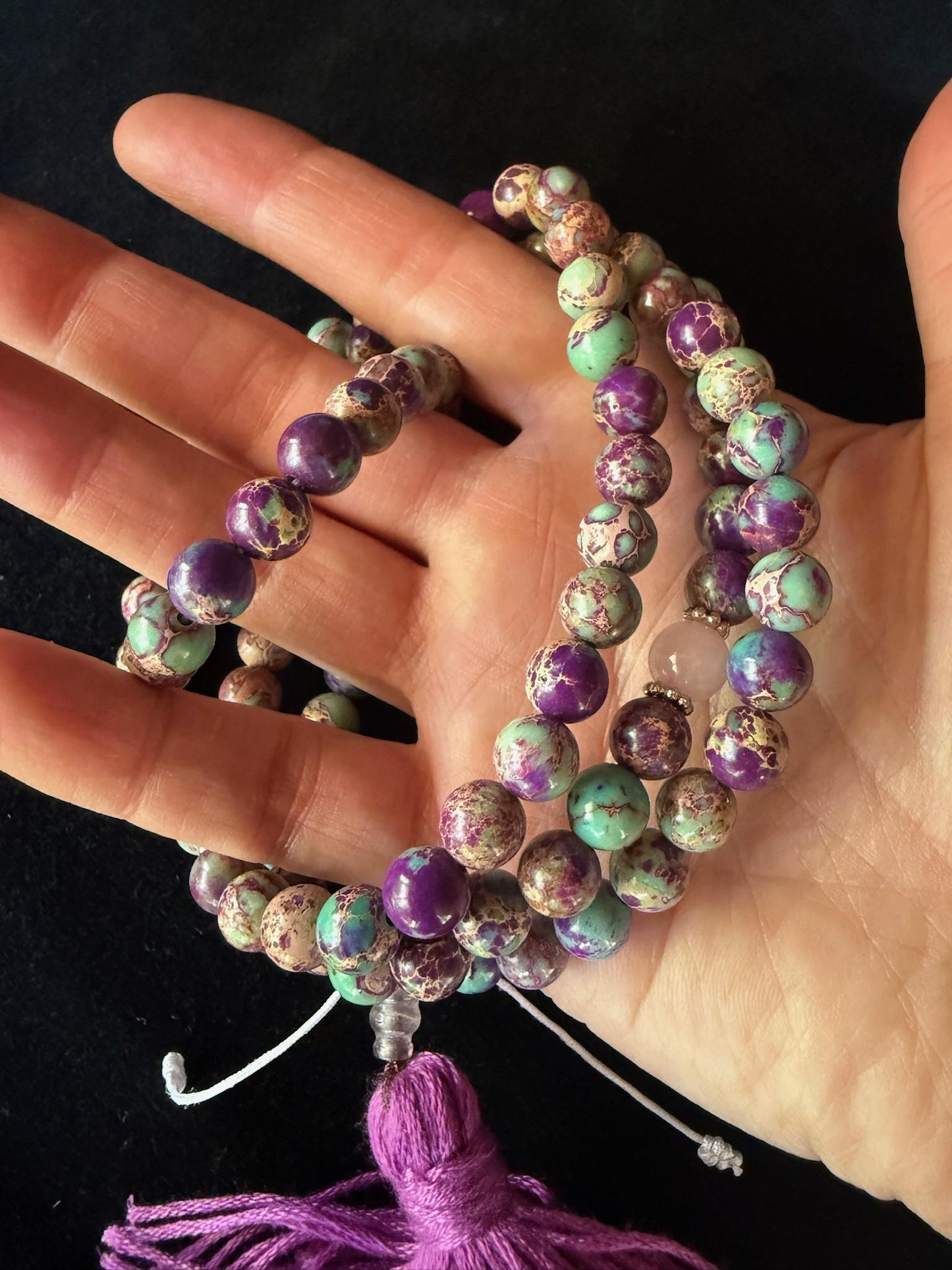 Imperial Sea Jasper Mala | 108 Dyed Imperial Jasper, 3 Rose Quartz Crystal, Tassel | 8mm | Free mala bag | Handmade | Adjustable - The Incense Stick