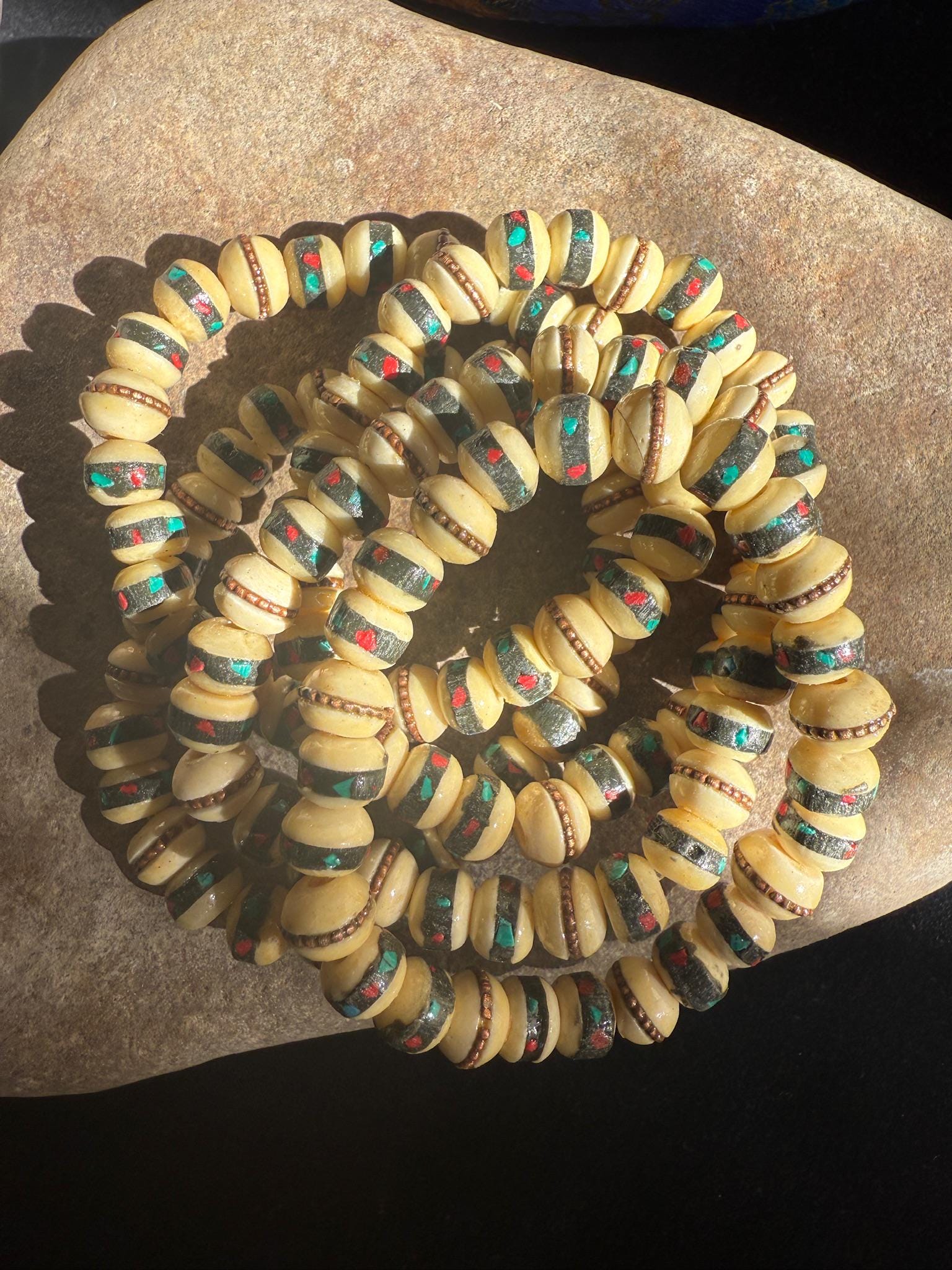 Yak Bone Wrist Mala | Nepal | Bone with Stone and Brass Inlays | Elastic Bracelet | 27 beads | 6-7mm