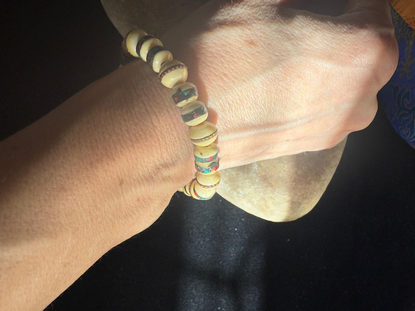 Yak Bone Wrist Mala | Nepal | Bone with Stone and Brass Inlays | Elastic Bracelet | 27 beads | 6-7mm