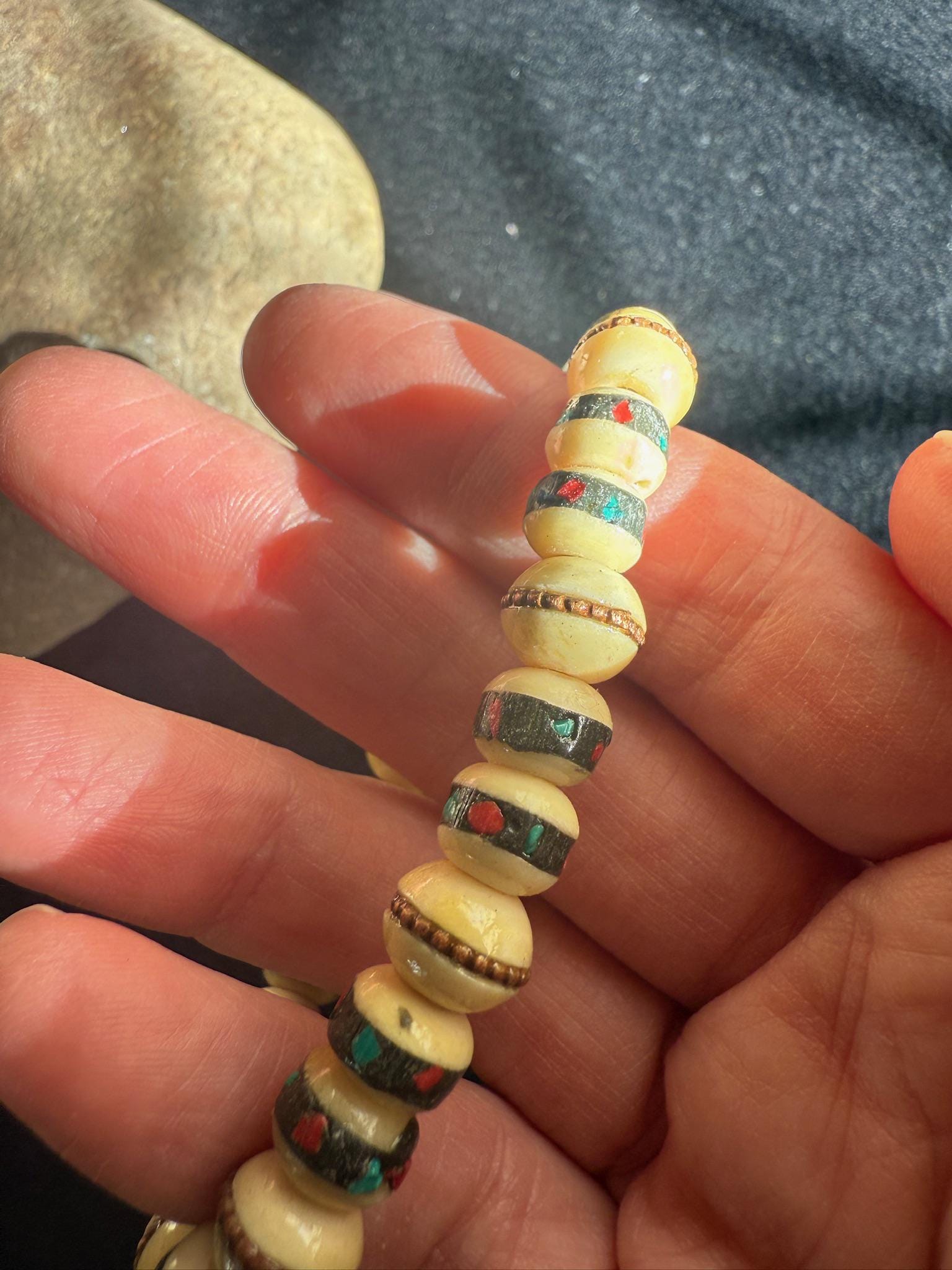 Yak Bone Wrist Mala | Nepal | Bone with Stone and Brass Inlays | Elastic Bracelet | 27 beads | 6-7mm