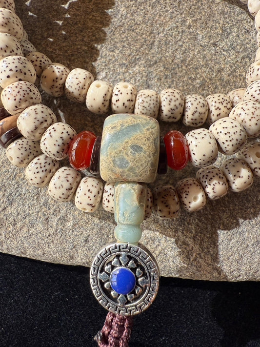 Stars and Moon Bodhi Seed Mala | 108 Bodhi Seed Beads, Various Decorative Spacer Beads | 8mm | Free storage pouch | Handmade | Adjustable - The Incense Stick