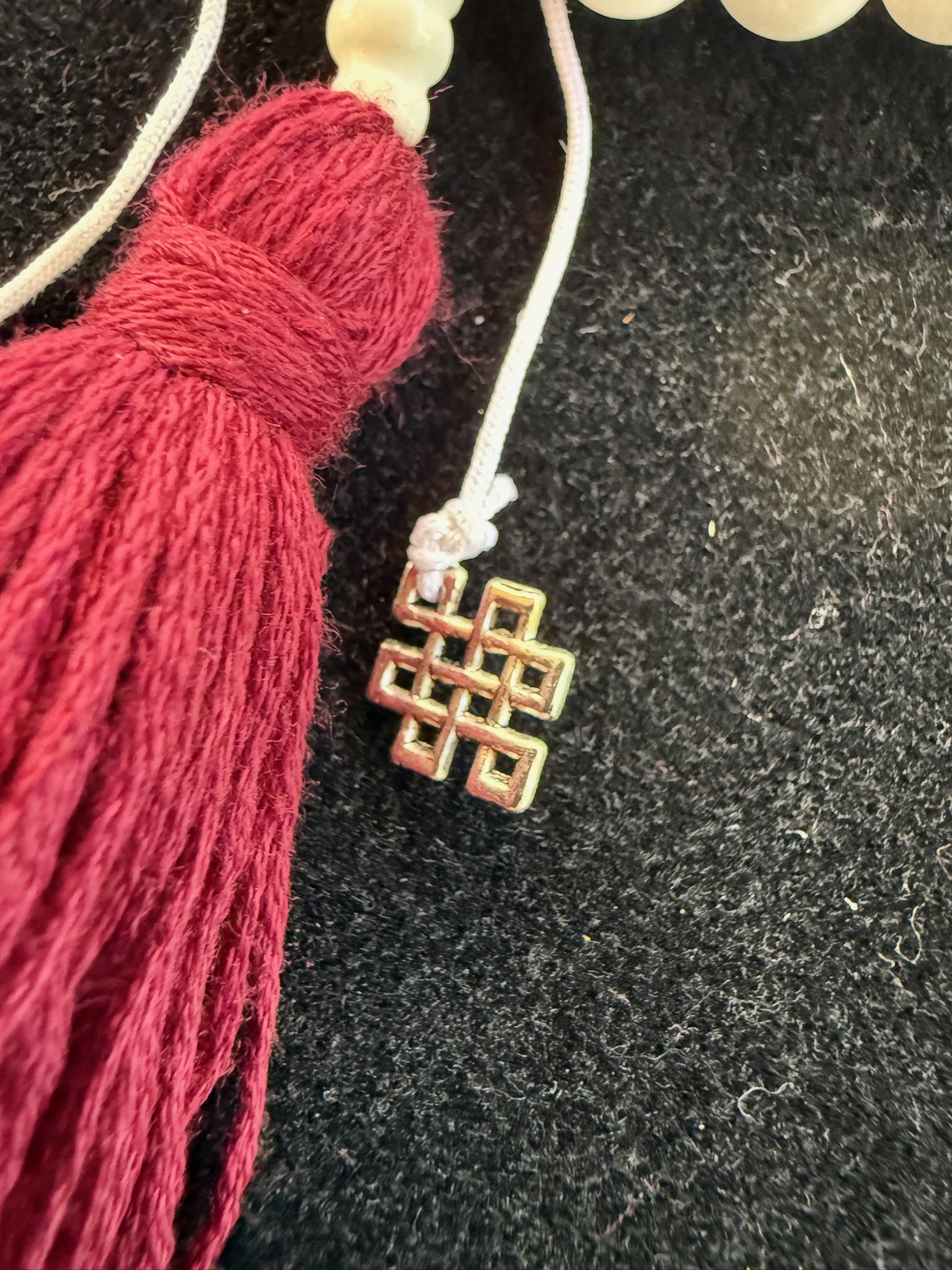 White Jade Mala | 108 Jade beads, 3 Garnet beads, Tassel | 8mm | Free mala bag | Handmade | Adjustable - The Incense Stick