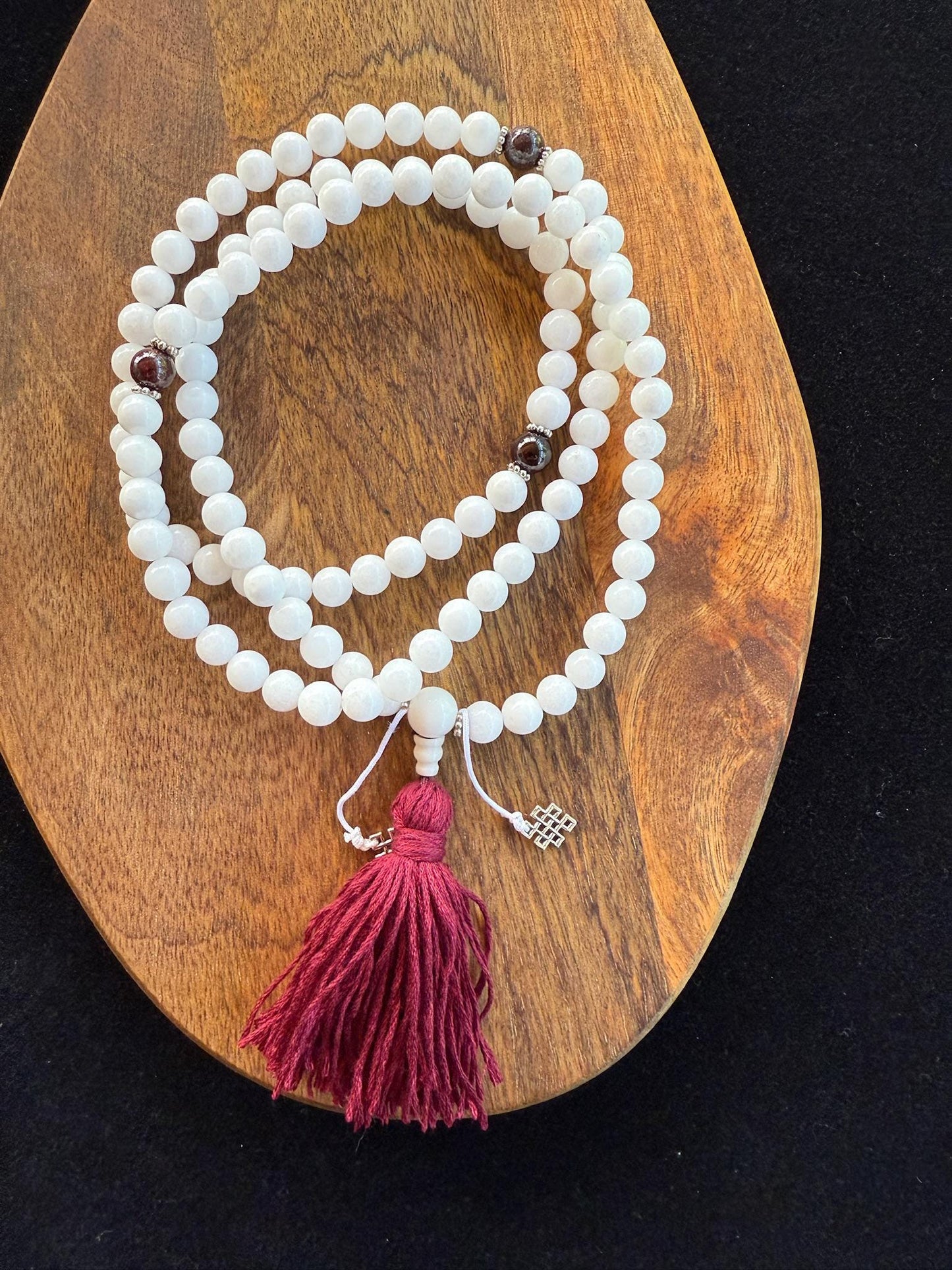 White Jade Mala | 108 Jade beads, 3 Garnet beads, Tassel | 8mm | Free mala bag | Handmade | Adjustable - The Incense Stick