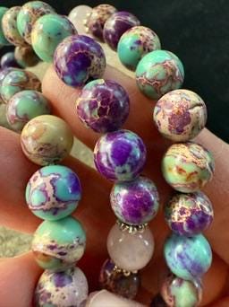 Imperial Sea Jasper Mala | 108 Dyed Imperial Jasper, 3 Rose Quartz Crystal, Tassel | 8mm | Free mala bag | Handmade | Adjustable - The Incense Stick