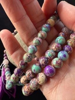 Imperial Sea Jasper Mala | 108 Dyed Imperial Jasper, 3 Rose Quartz Crystal, Tassel | 8mm | Free mala bag | Handmade | Adjustable - The Incense Stick