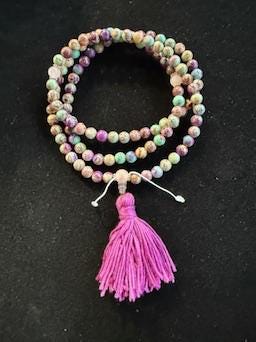 Imperial Sea Jasper Mala | 108 Dyed Imperial Jasper, 3 Rose Quartz Crystal, Tassel | 8mm | Free mala bag | Handmade | Adjustable - The Incense Stick