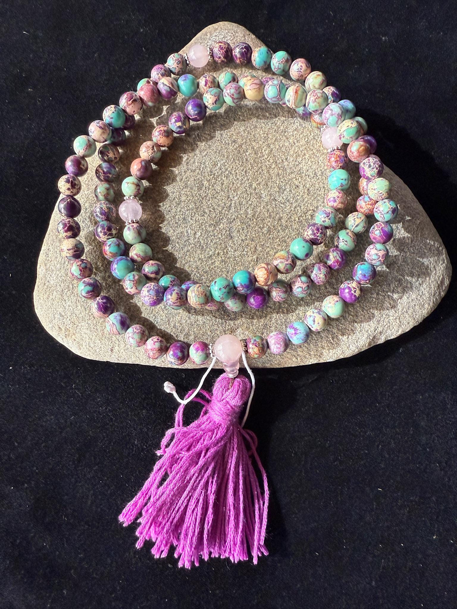 Imperial Sea Jasper Mala | 108 Dyed Imperial Jasper, 3 Rose Quartz Crystal, Tassel | 8mm | Free mala bag | Handmade | Adjustable - The Incense Stick