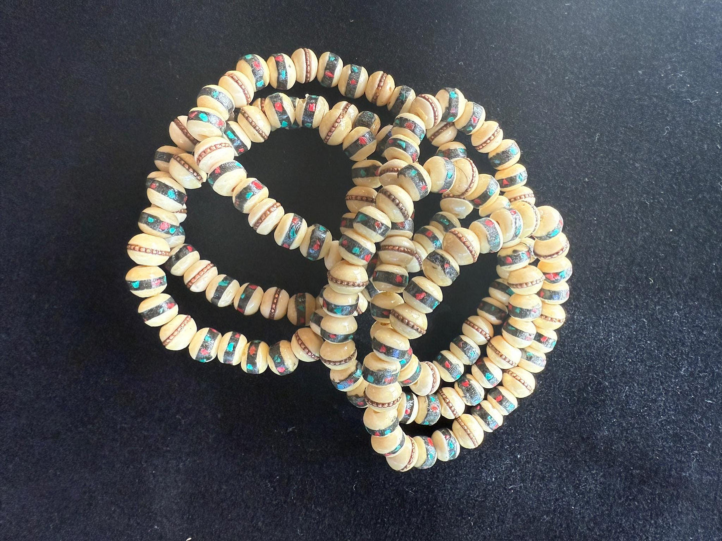 Yak Bone Wrist Mala | Nepal | Bone with Stone and Brass Inlays | Elastic Bracelet | 27 beads | 6-7mm