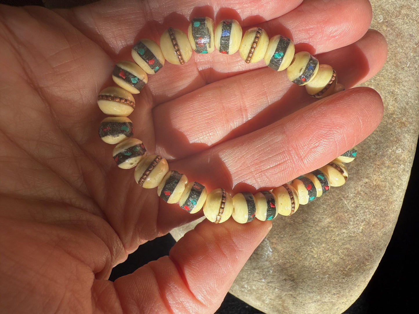 Yak Bone Wrist Mala | Nepal | Bone with Stone and Brass Inlays | Elastic Bracelet | 27 beads | 6-7mm