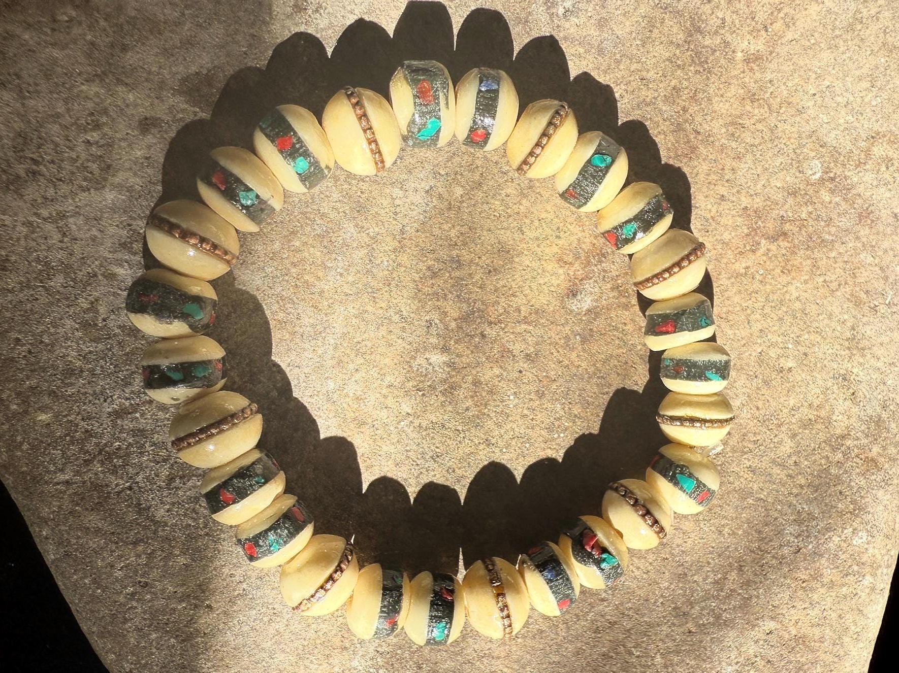 Yak Bone Wrist Mala | Nepal | Bone with Stone and Brass Inlays | Elastic Bracelet | 27 beads | 6 - 7mm - The Incense Stick