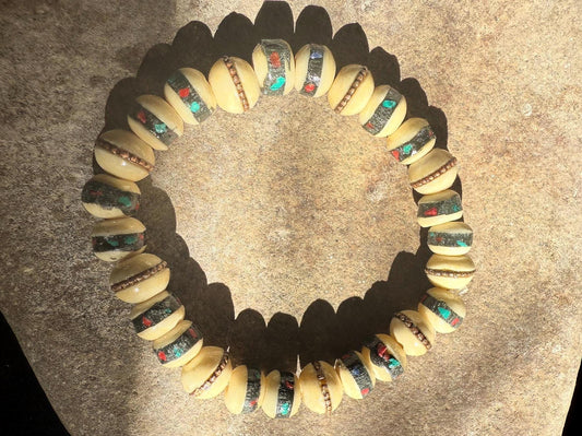 Yak Bone Wrist Mala | Nepal | Bone with Stone and Brass Inlays | Elastic Bracelet | 27 beads | 6 - 7mm - The Incense Stick