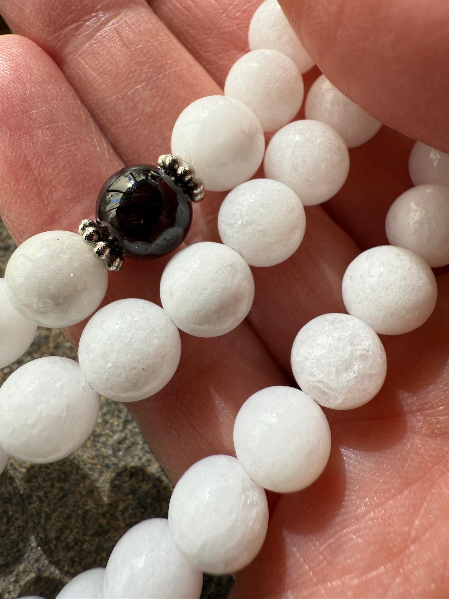 White Jade Mala | 108 Jade beads, 3 Garnet beads, Tassel | 8mm | Free mala bag | Handmade | Adjustable - The Incense Stick