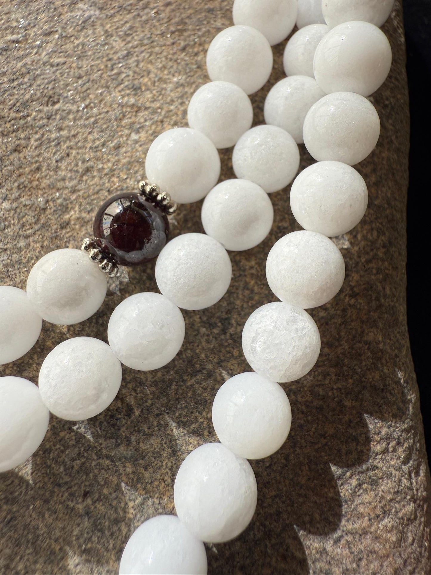 White Jade Mala | 108 Jade beads, 3 Garnet beads, Tassel | 8mm | Free mala bag | Handmade | Adjustable - The Incense Stick