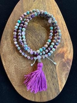 Imperial Sea Jasper Mala | 108 Dyed Imperial Jasper, 3 Rose Quartz Crystal, Tassel | 8mm | Free mala bag | Handmade | Adjustable - The Incense Stick