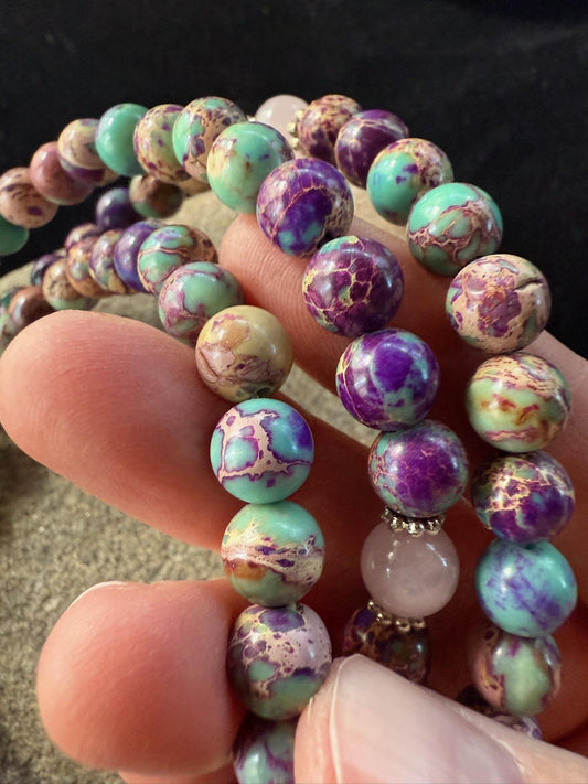 Imperial Sea Jasper Mala | 108 Dyed Imperial Jasper, 3 Rose Quartz Crystal, Tassel | 8mm | Free mala bag | Handmade | Adjustable - The Incense Stick