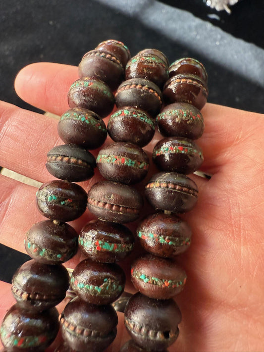 Inlay Dark Bodhi Seed Mala | Stone and Brass Inlays | Nepal | 108 beads | 12 mm | Brocade Bag Included