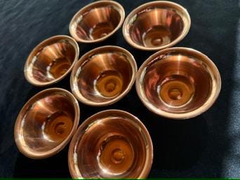 Copper Buddhist Water Offering Bowls | India | 3.25 inches | Set of 7