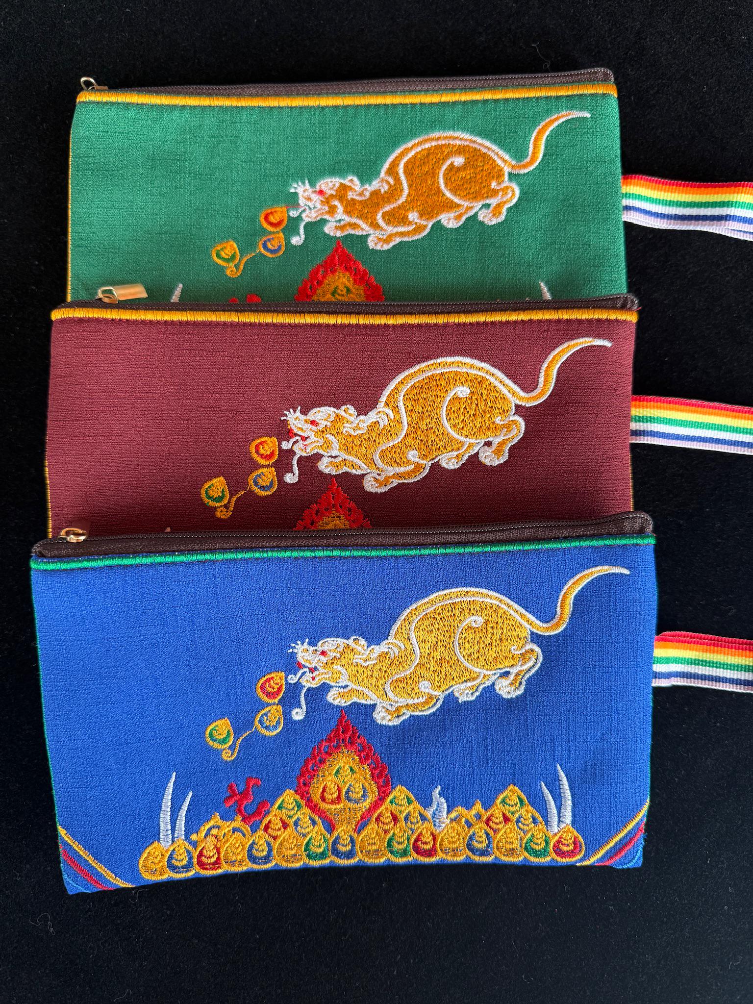 Jewel Spitting Mongoose Embroidered Pouch | Zippered | Approx 4in x 7.5in | Tibet | Nehulay | 1 pouch burgundy, green, or blue